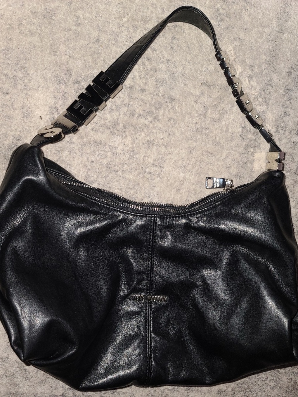 Steve Madden black leather hobo shoulder bag with a silver letter strap